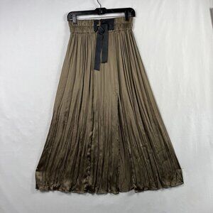 Zara Accordian Pleated Midi Skirt Womens XS Bronze Flowy Elastic Waist Shimmer